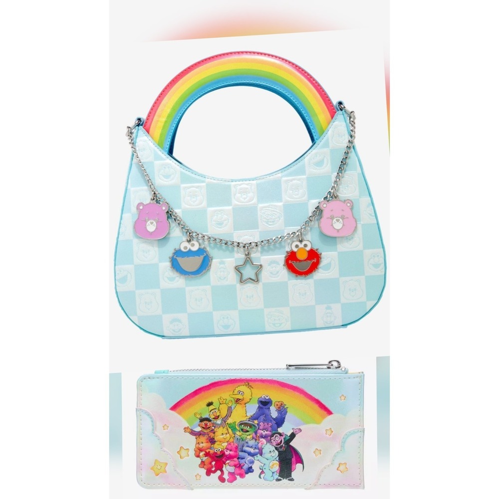 NEW LOUNGEFLY Care Bears x Sesame Street Checker Rainbow Crossbody Bag‎ & Wallet